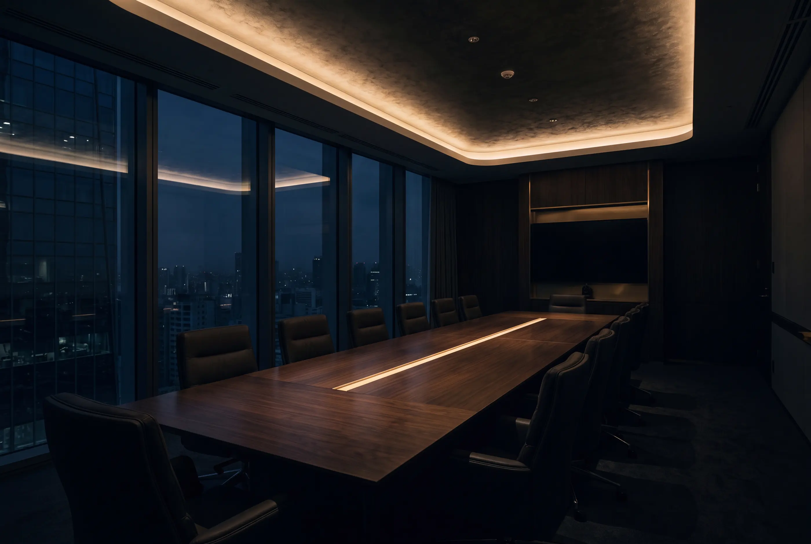 An empty boardroom at night in a high-rise, lit by a single warm strip along the table.